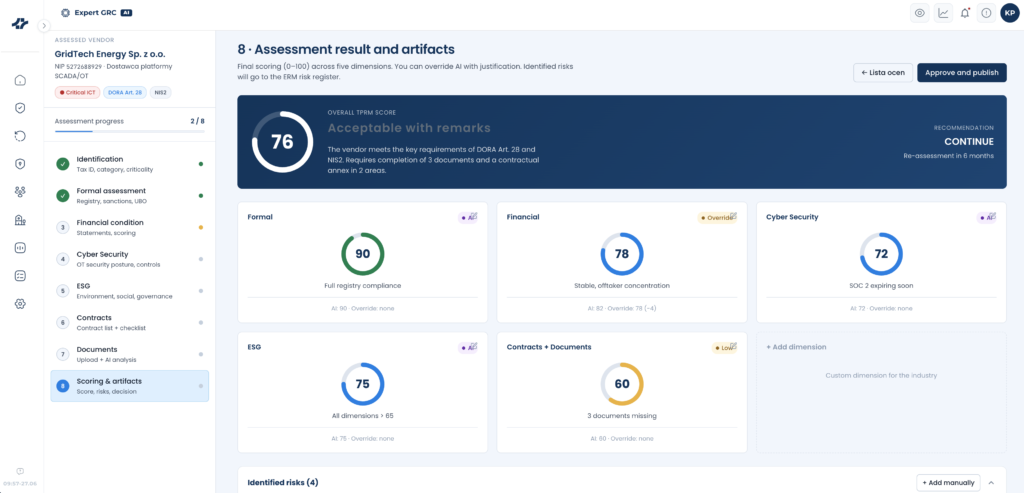 BCMLOgic Next vendor assessment summary screen
